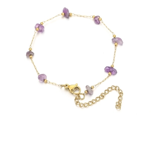 18k gold plated stainless steel bracelet with natural purple amethyst stones and beads