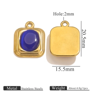 Detail view of oval blue stone in golden stainless steel pendant with dimensions