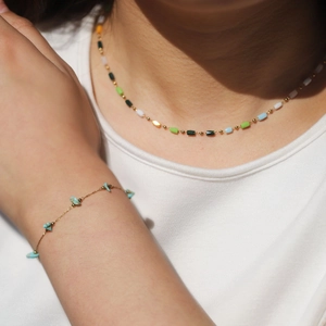 18k gold plated stainless steel necklace with colorful beads and natural stone bracelet