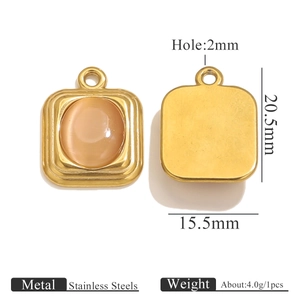 Detailed front and back view of oval stone pendant in gold stainless steel frame