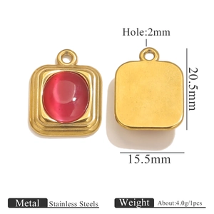 Front and back view of golden stainless steel oval pendant with red stone, 20.5x15.5mm size