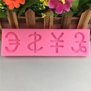 Pink silicone mold featuring dollar, euro, pound, and yen symbols for DIY fondant cake