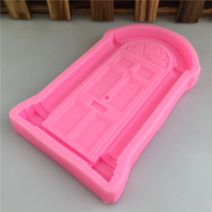 Pink silicone door mold for fondant cake and craft with detailed ornate carving