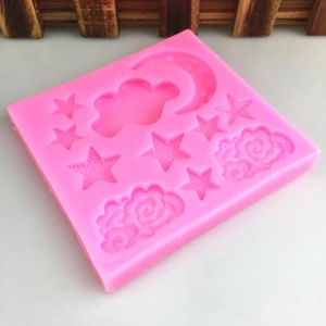 Pink silicone mold featuring star, moon, and cloud shapes for DIY cake decorating and baking
