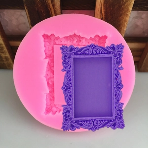 Pink silicone mold for Baroque style frame and finished purple relief resin piece
