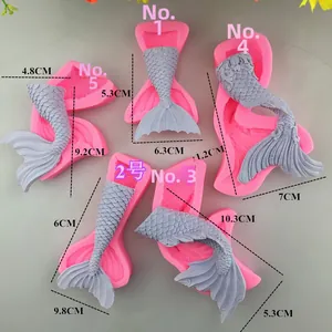 Detail view of five mermaid tail silicone molds with size measurements in centimeters