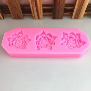 Pink silicone 3-rose flower mold for fondant cake decorating and DIY soap making