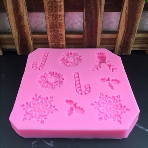 Pink Christmas silicone mold featuring snowflake, candy cane, and wreath designs for DIY cake