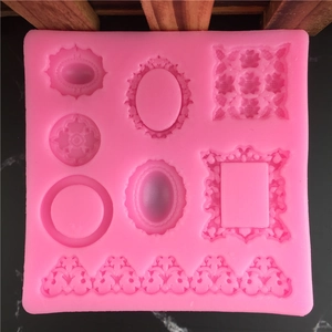 Pink silicone mold featuring vintage frame and floral lace patterns for DIY fondant cake