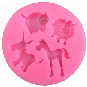 Pink silicone mold featuring pig, sheep, donkey, and horse shapes for fondant cake decorating