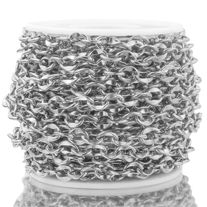 Macro shot of 7mm stainless steel lip chain roll wound on a white plastic spool