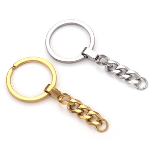 Polished stainless steel flat split ring with curb chain in gold and silver finish