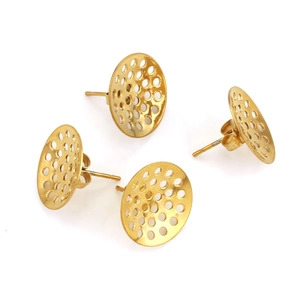 Detail of four gold-plated stainless steel hollow round stud earrings with butterfly backs