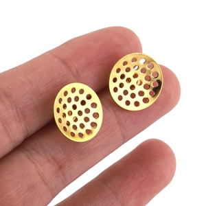 Set of two gold stainless steel round hollow ear stud base accessories for DIY jewelry