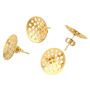 Golden hollow round stud earrings with concave bowl design and mesh pattern for DIY jewelry