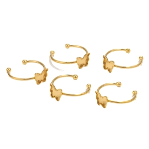 Five-piece set of golden stainless steel butterfly rings with polished open band design