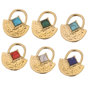 Hammered gold stainless steel fan pendants with assorted colorful gemstone inlays