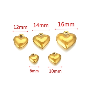 Polished gold stainless steel heart pendants in five sizes from 8mm to 16mm