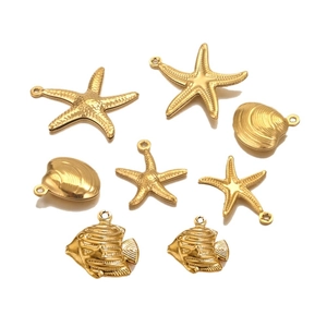 Set of 8 gold 18K plated stainless steel sea star and fish pendants for DIY jewelry making