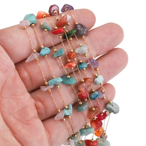 Multilayer bohemian necklace with colorful natural gemstones and gold stainless steel beads
