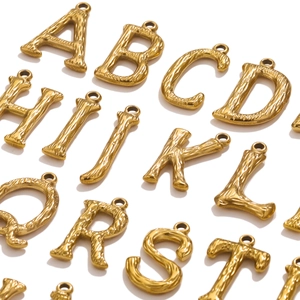 Golden stainless steel A-Z alphabet pendants with textured bamboo surface for DIY jewelry