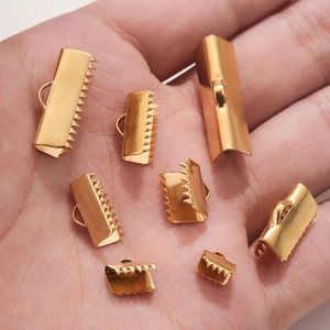 Golden stainless steel ribbon end crimps with teeth and loops for DIY jewelry making