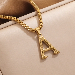 Hammered gold capital A letter pendant on box chain minimalist stainless steel necklace