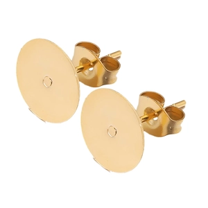Golden stainless steel earring posts with flat base pads for DIY jewelry making