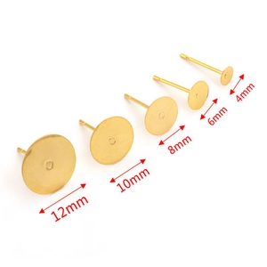 Golden stainless steel earring posts in 5 sizes ranging from 4mm to 12mm for DIY crafting