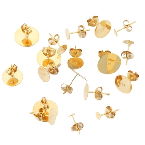 Golden stainless steel earring posts with flat pads and butterfly backs for DIY jewelry making