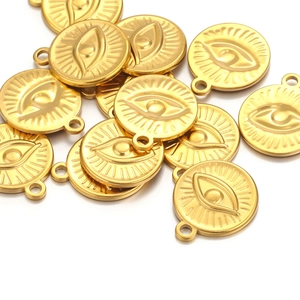 Polished gold stainless steel evil eye sunburst charms with hanging loops for DIY jewelry