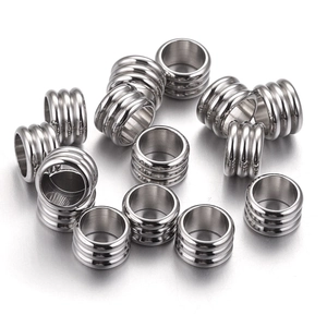Polished silver stainless steel cylinder spacer beads with triple grooves for DIY jewelry