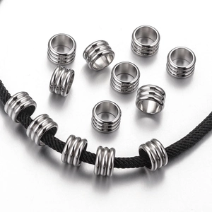 Textured stainless steel spacer beads with grooved rings for DIY jewelry making on rope
