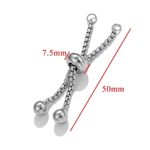 Detail view of 50mm stainless steel adjustable box chain with 7.5mm slider bead component