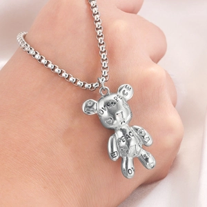 Vintage stainless steel graffiti bear pendant with LOVE engraving on a ball chain necklace