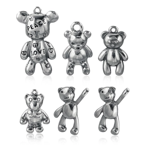 Vintage stainless steel bear pendant set with Peace and Love engraving and retro silver finish