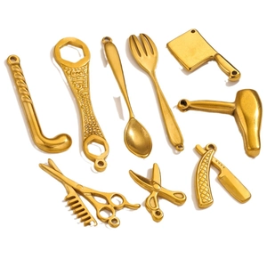 Polished golden 316L stainless steel tool charms set including hairdryer and scissors