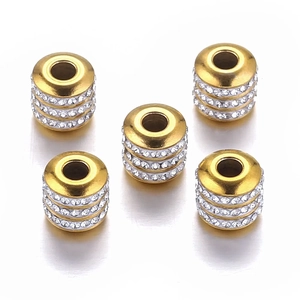 Lot de cinq perles d'espacement en acier plaqué or avec trois rangées de strass en cristal