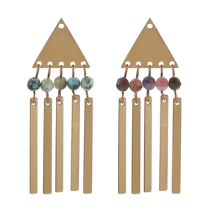 Bohemian gold stainless steel drop earrings with natural stone beads and long fringe tassels