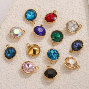 Luxury Round Glass Pendant Stainless Steel 18K Gold Plated Circular Inlaid Zirconia Charm For DIY Necklace Earring Making