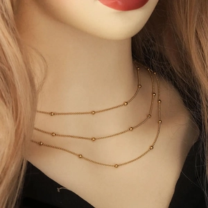 Three-layer gold stainless steel satellite bead chain necklace for layered fashion look