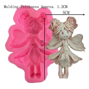 Pink silicone mold for girl figurine with leaf dress and floral hair accessory details