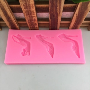 Pink silicone mold with three different high heel shoe designs for fondant cake decoration