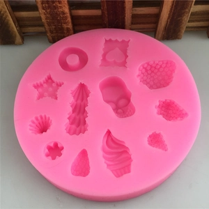 Moule en silicone rose avec cœur, crâne, étoile et fraise pour fondant ou bricolage DIY