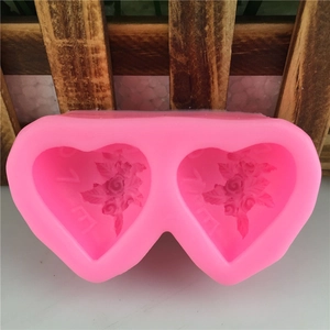 Pink double heart silicone mold with rose pattern and LOVE engraving for DIY baking