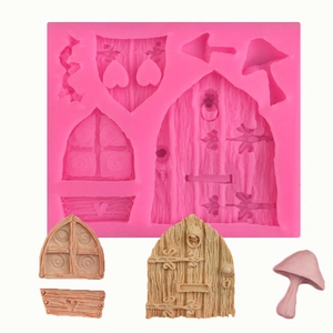 Fairy Tale Door Window Mushroom Silicone Mold For Fondant Cake Decoration DIY Clay Resin Craft Pink Embossed Baking Tool