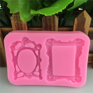 Pink silicone mold featuring vintage embossed picture frame designs for cake decorating