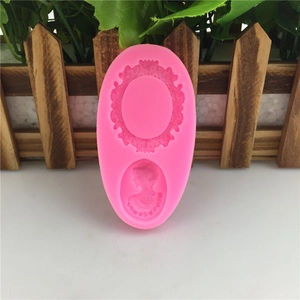 Pink silicone DIY mold with retro European lady portrait and floral wreath for fondant cake