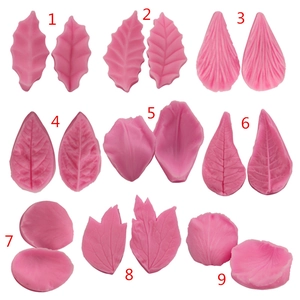 Set of 9 pink silicone leaf and petal veiner molds for fondant cake decorating and DIY clay