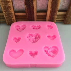 Pink silicone heart mold with 9 diverse lace textures for DIY fondant and cake decor